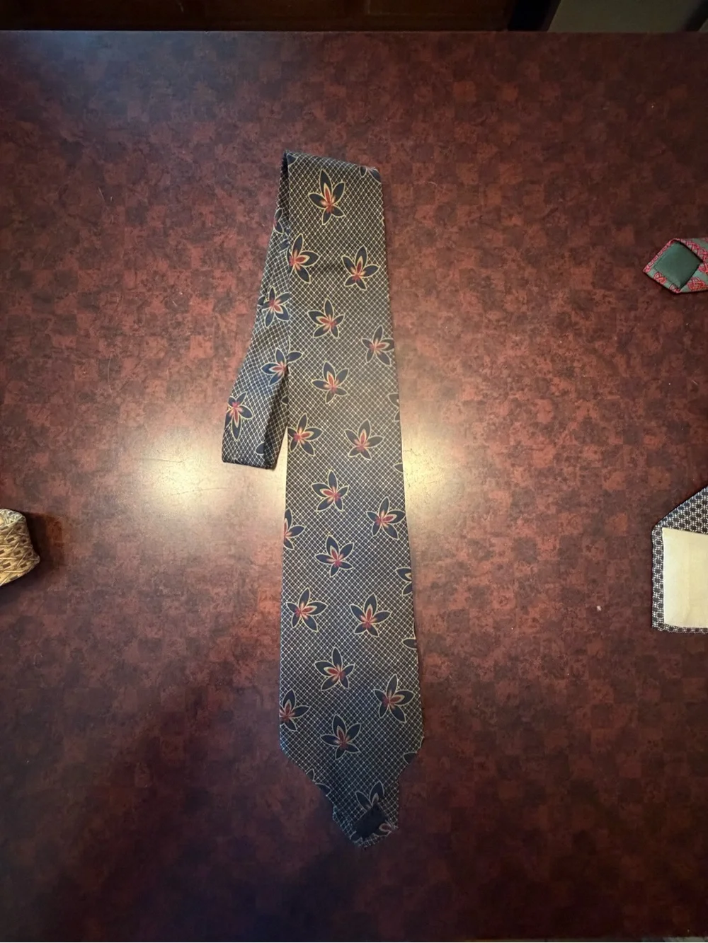 Giorgio Armani Navy Silk Tie with Red and Cream Floral Motif